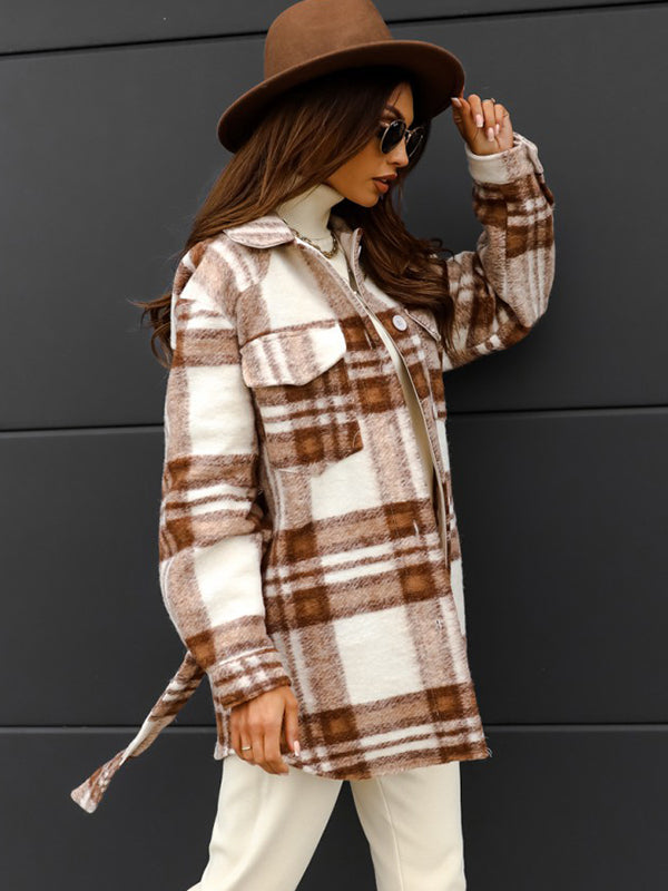 Casual Plaid Long Sleeve Thicken Shirt With Belt