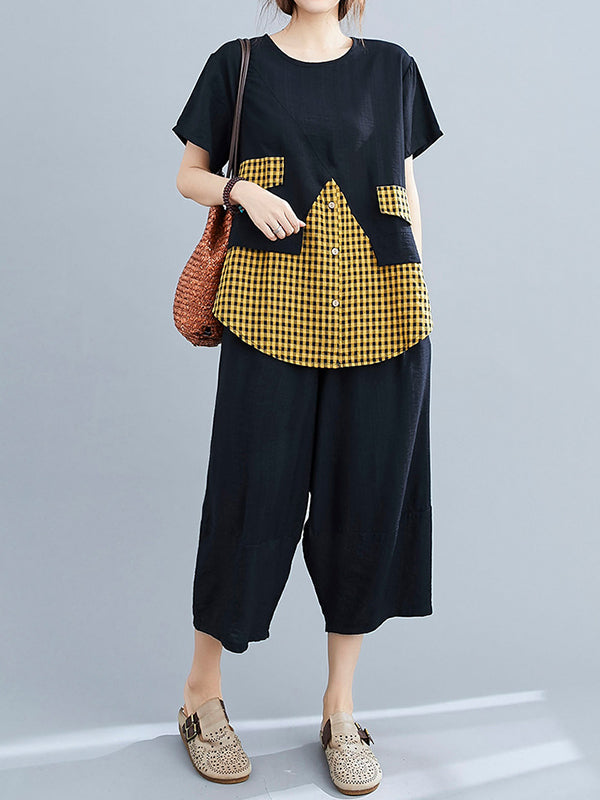 Women Casual Plaid Irregular Stitching Short Sleeve T-Shirt Pants Suit
