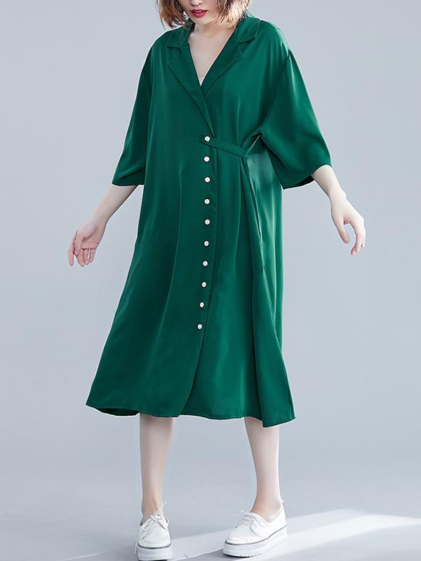 Green&Black Loose Lapel Half Sleeves Dress