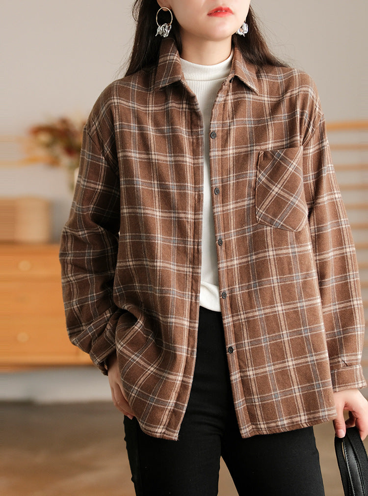 Retro Plaid Thicken Lapel Collar Shirt