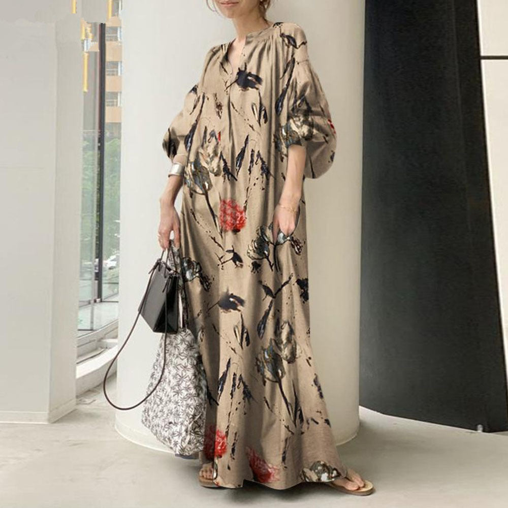 Simple Printed V-Neck Casual Maxi Dress