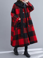 Hooded Thick Woolen Plaid Loose Long Coat