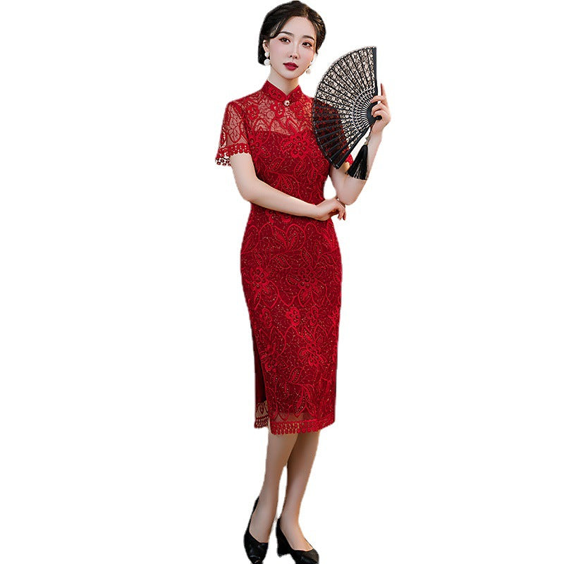 Sequin Hollowed Out Round Lapel Slim Fit Cheongsam With Low Slit Midi Dress