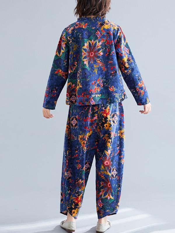 Loose Retro Floral Printed Blouses and Pants Suits