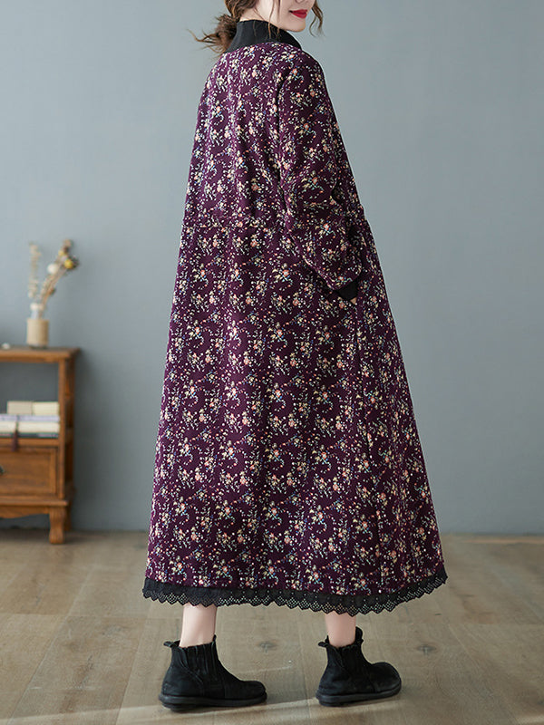 Patchwork Collar Floral Lace-Up Long Midi Dress