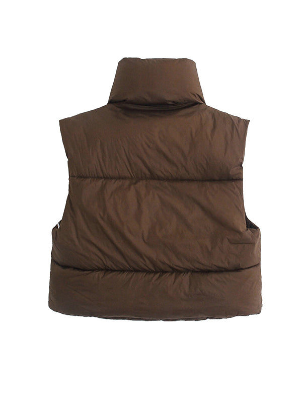 Skinny Sleeveless Solid Color Zipper Stand Collar Padded Vest Vest Top