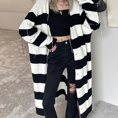 Black And White Contrast Color Striped Long Knitted Coat