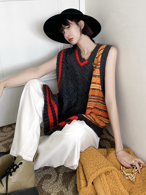 Irregular Contrast Color V-Neck Design Knitted Vest