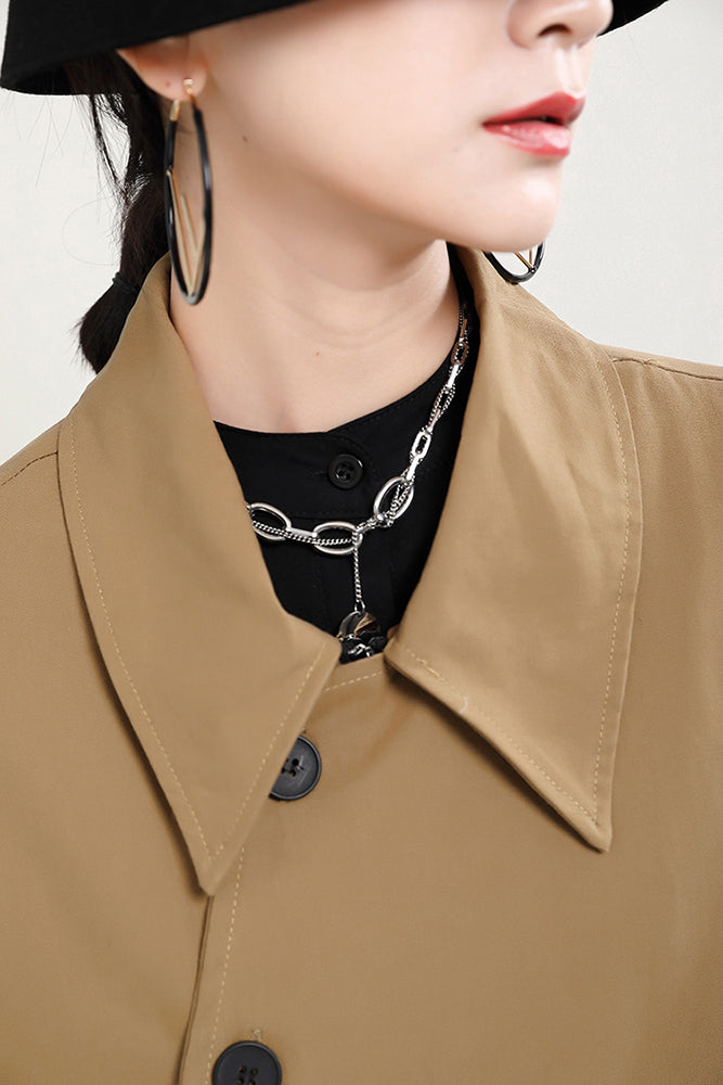 Solid Color Lapel Collar Straight Mid-Length Outwear