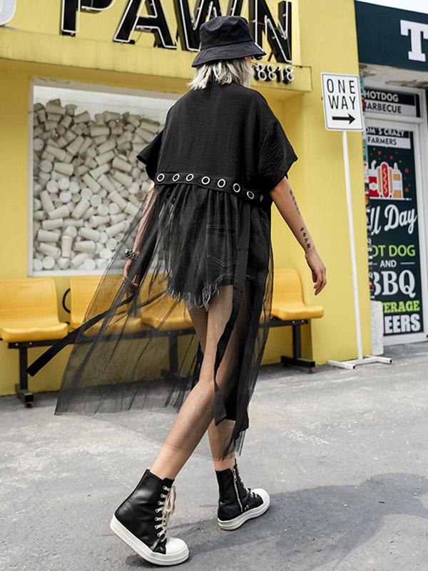 Loose Mesh Splicing Short Sleeve Shirt Dress
