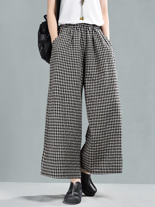 Leisure Ramie Cotton Plaid Wide-leg Pants