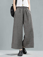 Leisure Ramie Cotton Plaid Wide-leg Pants