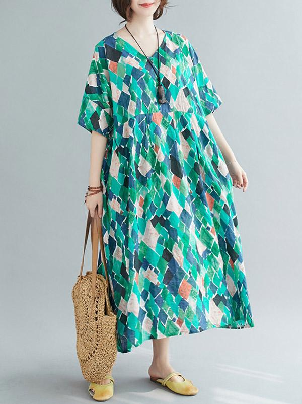 Loose Rhombus Print V-Neck Dress