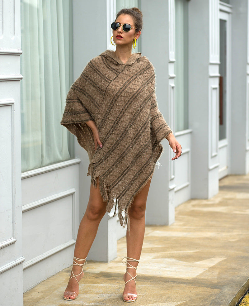 Casual Striped Knitted Hooded Shawl Sweater