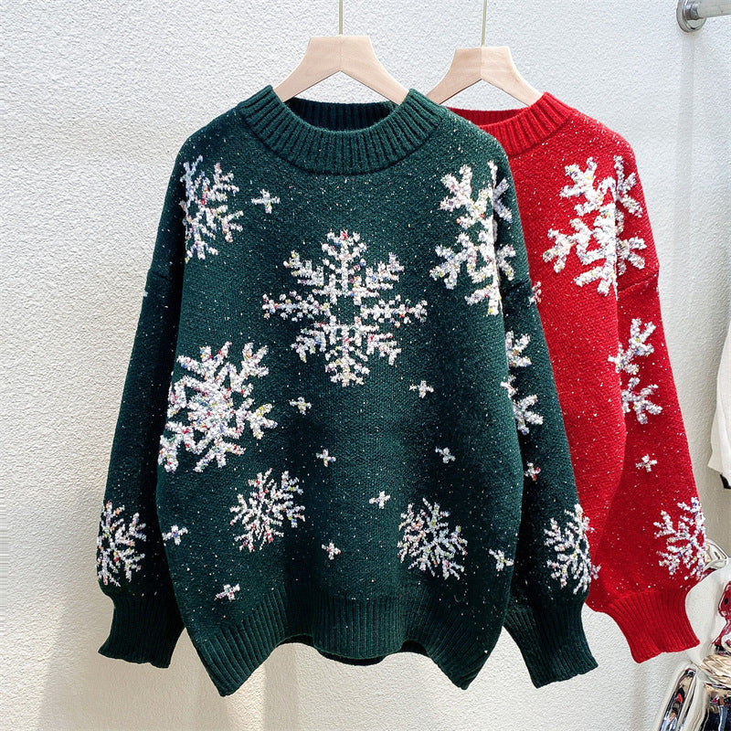 Christmas Snowflake Jacquard Round Neck Sweater