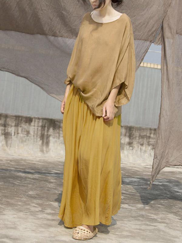 Ginger Yellow Elastic Waist Ice Silk Pleated Skirt