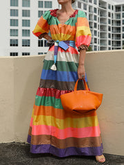 Puff Sleeves Belted Multi-Colored Split-Joint Striped V-Neck Maxi Dresses