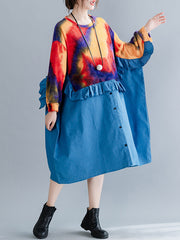 Loose Long Sleeve Tie-Dye Stitching Midi Dress