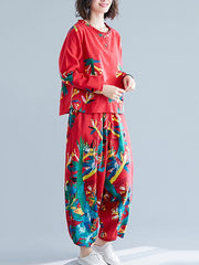 Casual Floral Printed Blouses&Pants Suits