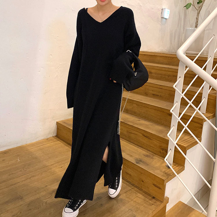 Women's Loose Split V-Neck Bottoming Knitted Sweater Dress