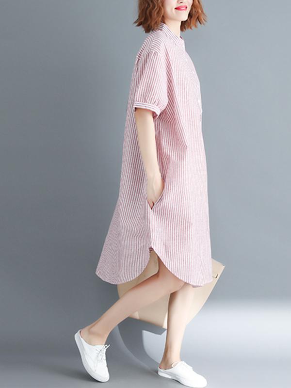 Loose Ramie Cotton Striped Shirt Dress