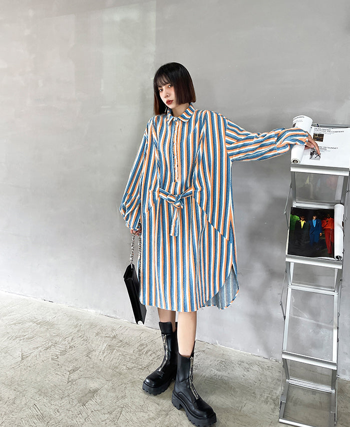 Loose Striped Belted Irregular Shirt Dress