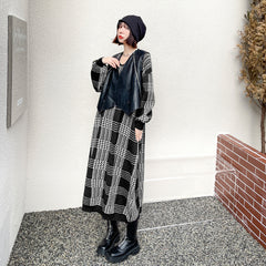 Long Sleeve Loose Mid-Length Knitted Plaid Sweater Dress