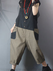 Women Retro Patchwork Contrast Color Suspenders Casual Pants