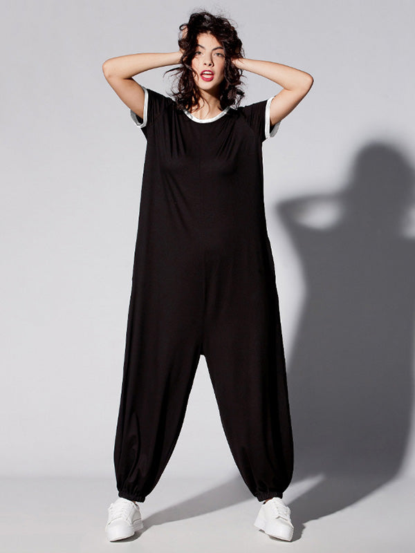 Solid Round-Neck Short Sleeves Casual Jumpsuits