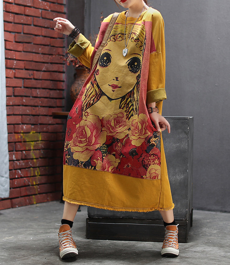 Retro Cartoon Print Round Neck Loose Midi Dress