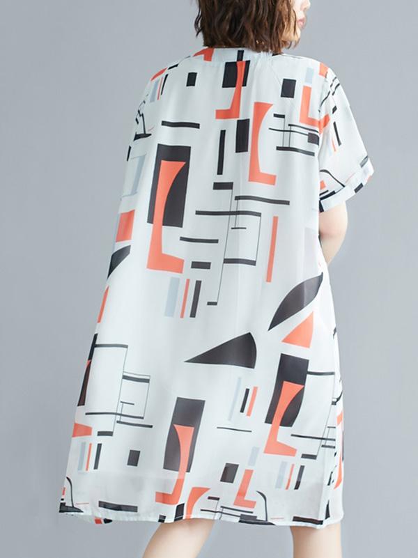 Loose Chiffon Printed Round-Neck Midi Dress