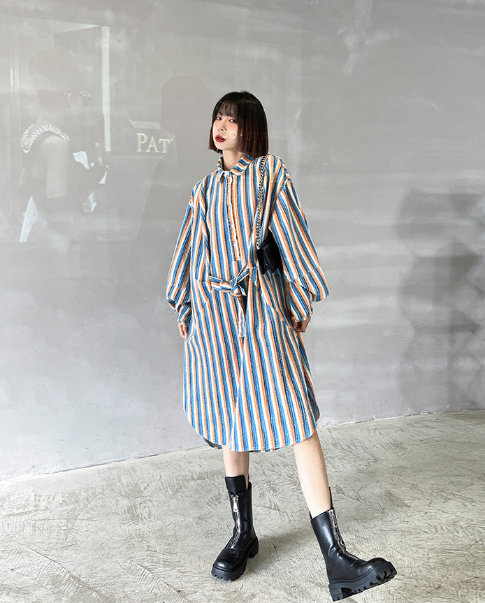 Loose Striped Belted Irregular Shirt Dress