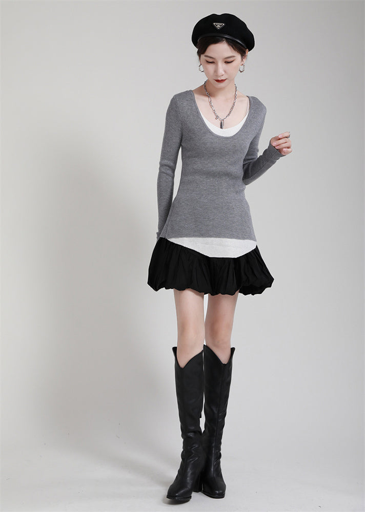 Stitching Contrast Color Fake Two-Piece Long Sleeve Sweater