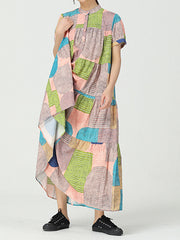 Round Neck Print Stitching Short Sleeve Pullover Dress