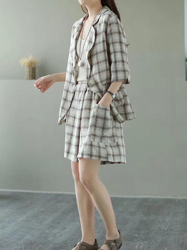 Loose Retro Printed Linen Shorts Suits