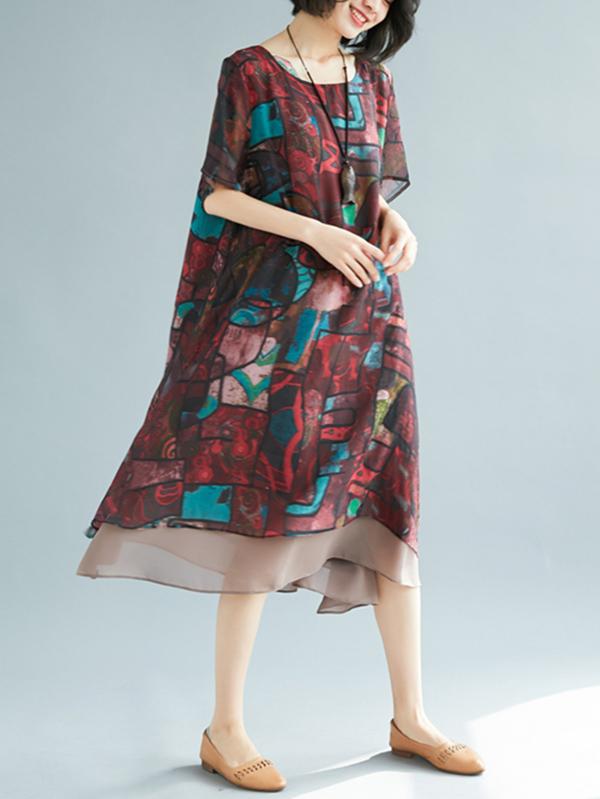 Loose Vintage Floral Chiffon Dress