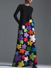 Long Sleeves Asymmetric Floral Round-Neck Maxi Dresses