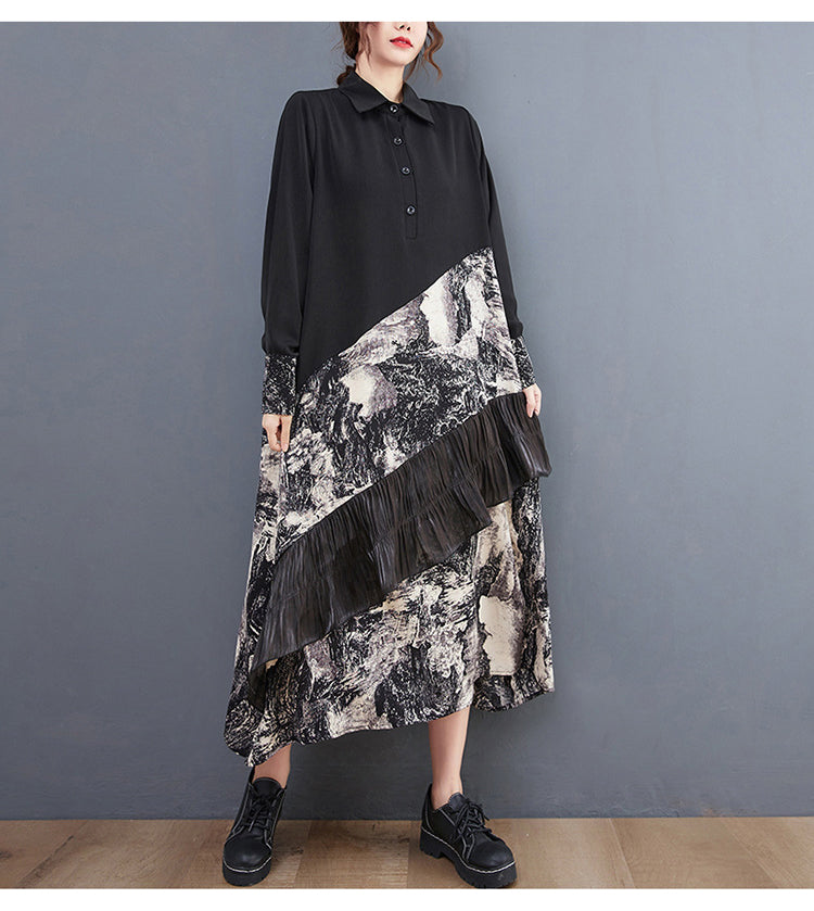 Loose Print Patchwork Shirt Midi Dress