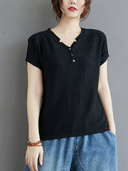 Women Solid Color V-Neck Buttoned Loose Short Sleeve T-Shirt