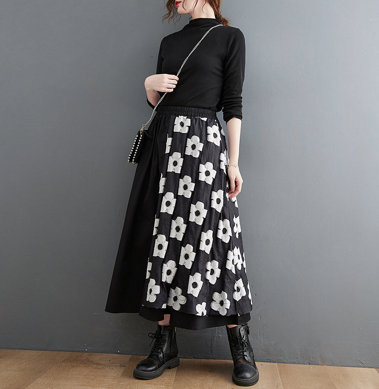 Embroidery Splicing Elastic High Waist A-Line Skirt
