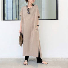 Round-Neck Solid Splited Maxi Dress