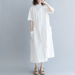 Women Solid Color Round Neck Waist Drawstring Dress