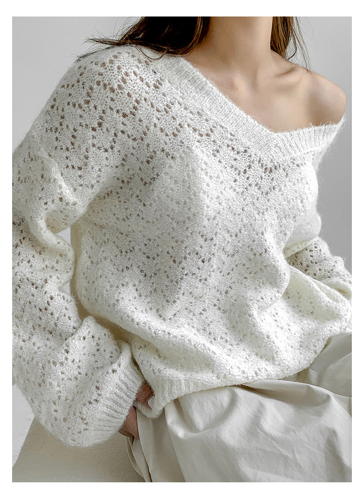 Women V-Neck Hollow Loose Sweater