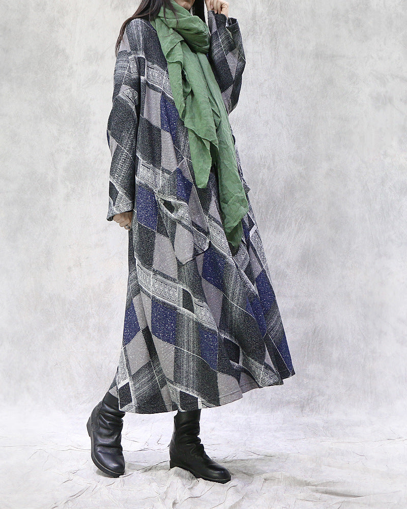 Retro Loose Plaid Hooded Maxi Dress