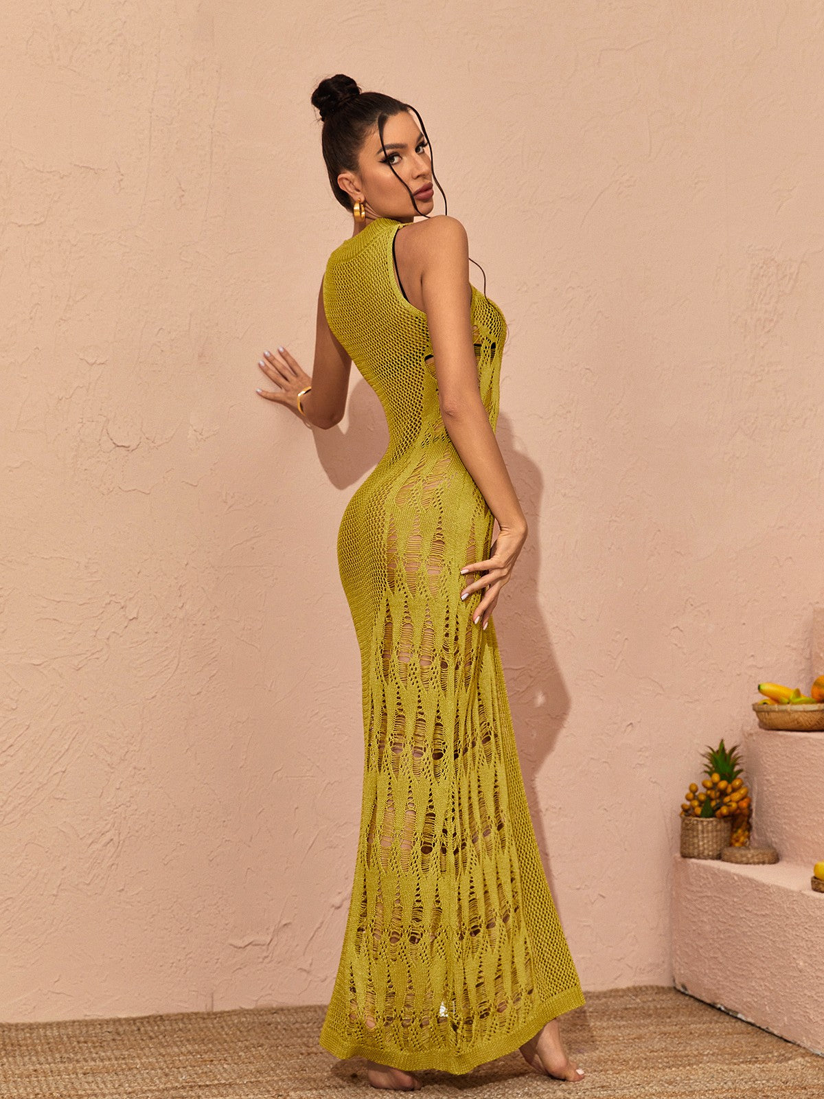 Julieta Hollow Knitted Maxi Dress In Green