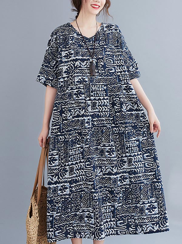 Vintage Printed V-Neck Dress