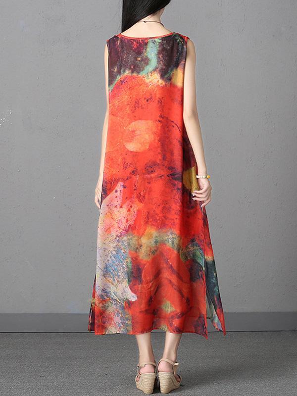 Chiffon Printed Sleeveless Split-side Long Dress