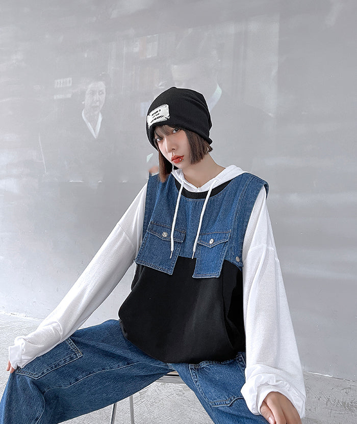 Denim Suits Loose Stitching Vest With Casual Pants