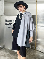 Irregular Casual Pure Color Pleated Buttoned Lapel Collar Long Sleeves Blouse
