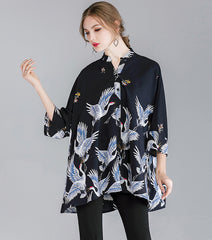 Crane Print Loose Oversized Shirt